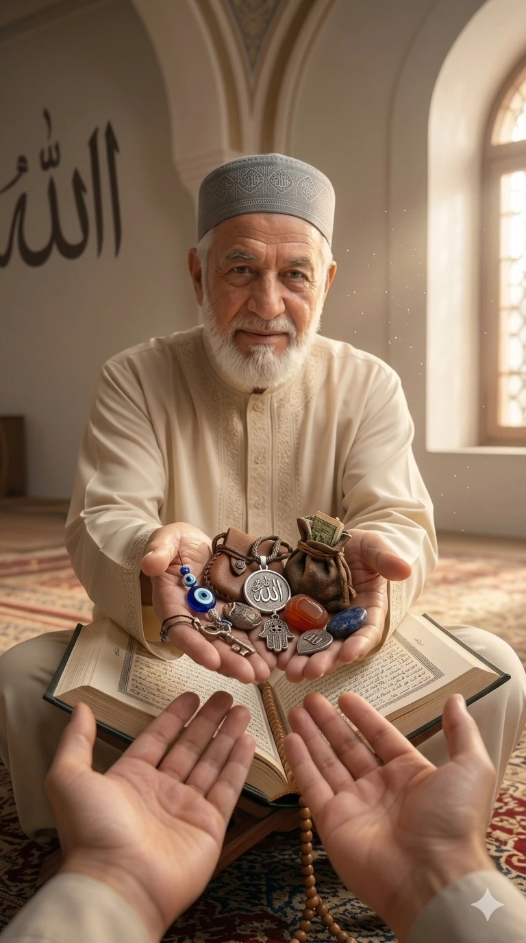 scholar holding traditional islamic spiritual healing amulets for ruhani ilaj protection in UK